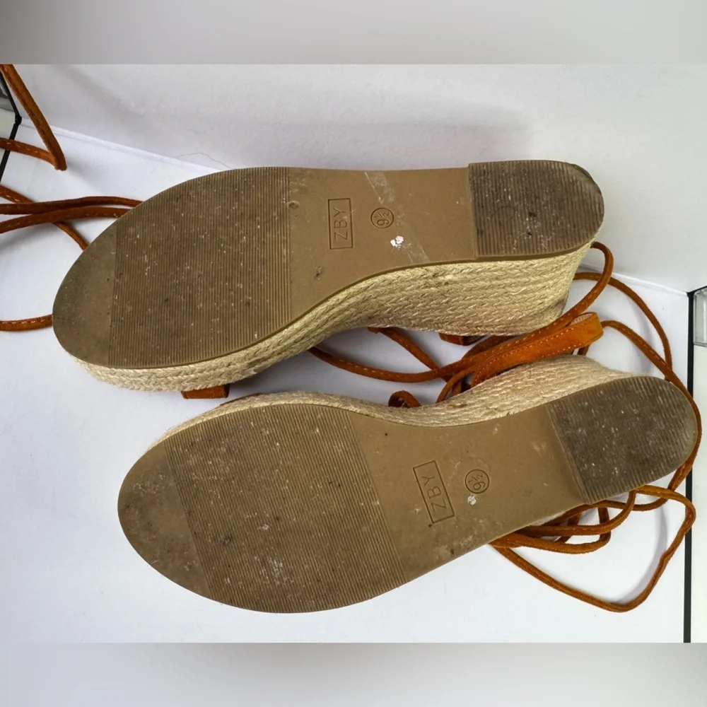 Tan Suede Strappy Espadrille Lace-Up Wedge Sandals Size 9.5